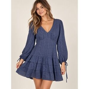 Le Lis Collection Navy Blue Cotton Tiered Ruffle Mini Dress Long Sleeve V-Neck M